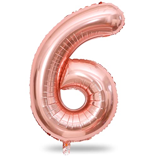 Globo de papel de aluminio de oro rosa número 6, juego de globos gigantes autoinflables de 101,6 cm con números del 0 al 9, globo grande de helio número 6 para niñas y mujeres, decoración de fiesta de