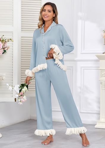 Image of Brosloth Womens Silk Pajamas Set Long Sleeve Satin Button Up Sleepwear | Cute Soft Fall Pjs Sets, Lace 2 Piece Lounge Set, Elegant Bridesmaid Pajama, Skin Friendly Sleepwear for Wedding, Honeymoon