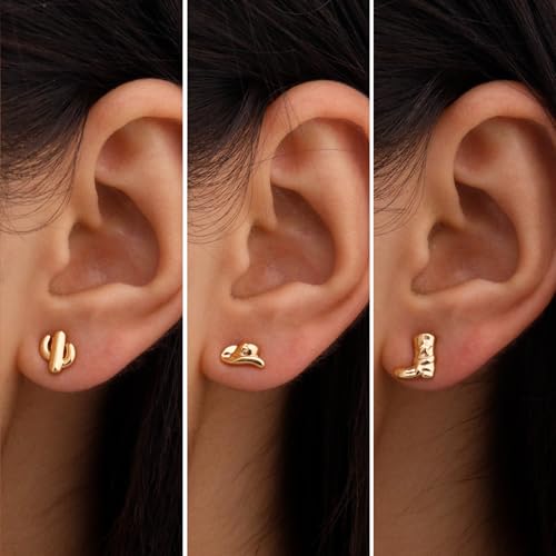 MUYAN Gold Small Western Earrings for Women Trendy Hat Boots Cactus Studs 3 Pairs Country Style Jewelry Cowgirl Outfit Accessories2