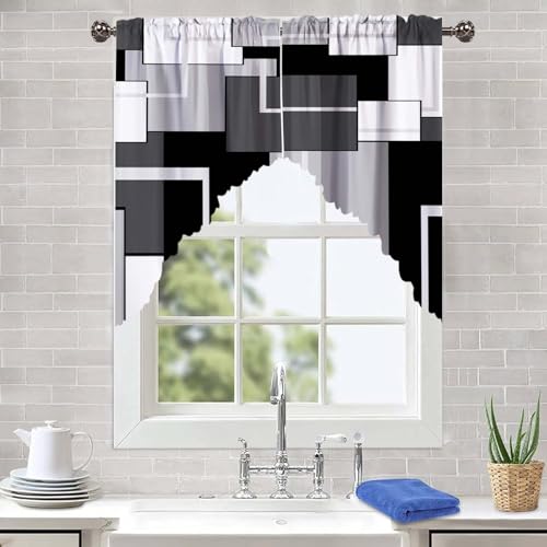 ULQUISNCE Grey Swag Valances Set, Geometric Black Grey Swag Curtains