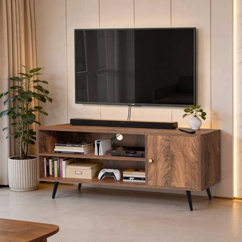 Image of ABOUT SPACE TV Unit - Engineered Wooden TV Stand Table with Cable Hole, Cabinet with Door, Adjustable Shelf for WiFi Router Stand for Living Room, Bedroom (Walnut- L 120 x B 40.5 x H 55 cm)