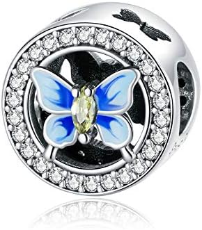 Shining Charm Cute Butterfly 925 Sterling Silver Charms Beads for Bracelets with Clear and Yellow CZ Blue Enamel Christmas Jewellery