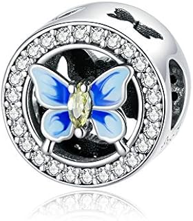 Shining Charm Cute Butterfly 925 Sterling Silver Charms Beads for Bracelets with Clear and Yellow CZ Blue Enamel Christmas Jewellery
