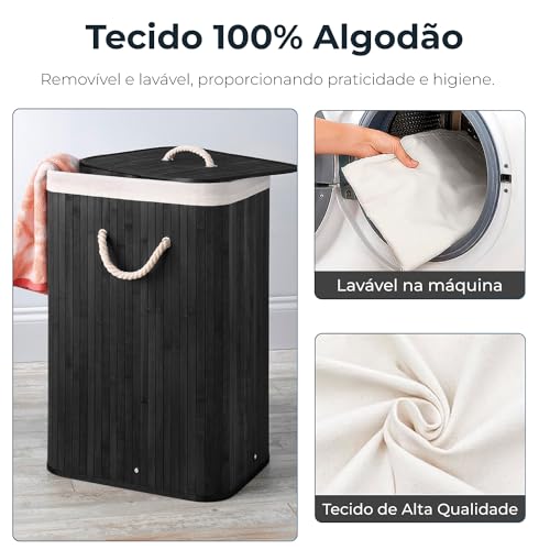 Cesto de Roupas Bambu 57L / 60L / 104L Redondo Retangular Duplo Banheiro Lavanderia Com Tampa Bambu