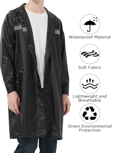 Image of Mens Long Safety Rain Coats with Air Vents Reflective Stripes Waterproof Packable Rain Jacket with Hood Lightweight