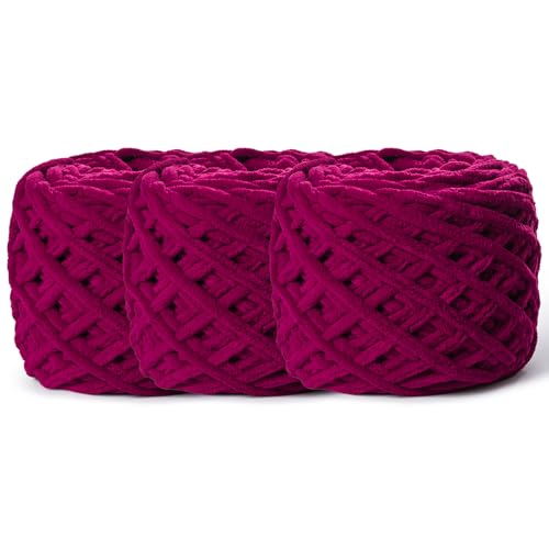 Image of 3 Pack Fluffy Chenille Chunky Yarn for Crocheting 100g(65.6yd) - Baby Yarn for Crocheting Soft - Velvet Yarns for Crochet Blanket - Amigurumi Crochet Yarns (Angola red)