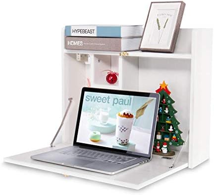 YUSING Wall Mounted Table, Multifunctional Fold Down Wall Mounted Laptop Computer Desk with Storage Compartments for Home, Office, White
