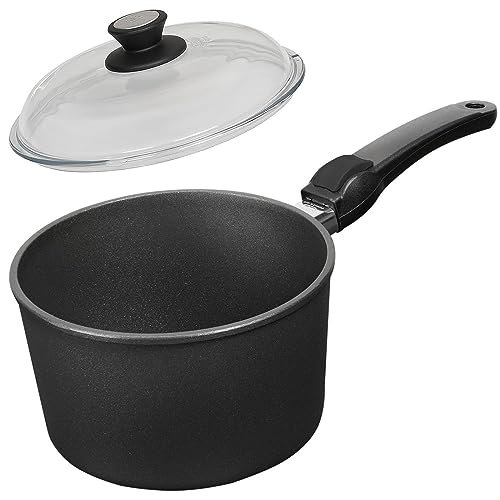 SKK große Stielkasserolle Ø 20 cm - ohne Induktion - hoher runder beschichteter Saucentopf 2-tlg. Stiel abnehmbar & Vollglas Deckel - Made in Germany