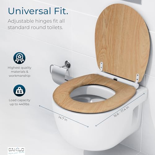 Image of Sanilo Wooden Toilet Seat with Quick Release & Soft Close [ROUND] - Decorative & Slow Close Molded Wood Seat - With One Click for Easy Installation & Cleaning - With Adjustable Fit (Wood)