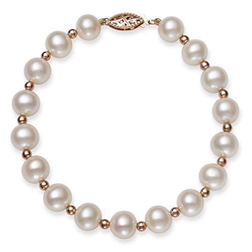 Belacqua AA Quality Cultured Freshwater Pearl Strand Bracelet in 14k Yellow or Rose Gold Beads, Size 8.0-8.5mm,7.5 Inches, Real Pearl Jewelry for Women, Gift Box Included
