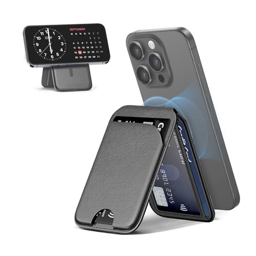 ICOVERI MagSafe Magnetische portemonnee voor iPhone, kaarthouder van veganistisch leer met verstelbare standaard, RFID-blokkering, capaciteit voor 6 kaarten, compatibel met iPhone, Zwart, Estandar