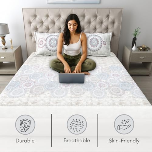 Image of Mafatlal 186 TC Spring Glory King Size Cotton Bedsheet | 274 x 274 cm | Summer Relaxing Bedding Fabric for Relaxing Sleep | Premium Bedsheet Set with 2 Pillow Covers | Ivory Beige
