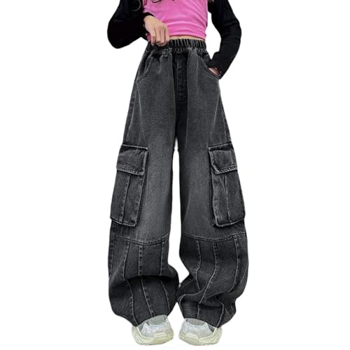 Teens Girls Cargo Denim Jeans Little Girl Baggy Y2k Wide Leg Long Pants Pockets Kids Vintage Grunge Hip Hop Punk Streetwear