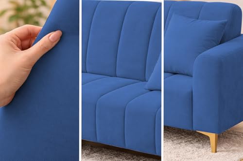 Image of Casaliving Velour Modern Velvet Sofa, Tufted Design Upholstered 3 Seater Sofa Set for Living Room, (Blue Colour) Premium Velvet Fabric Sofa