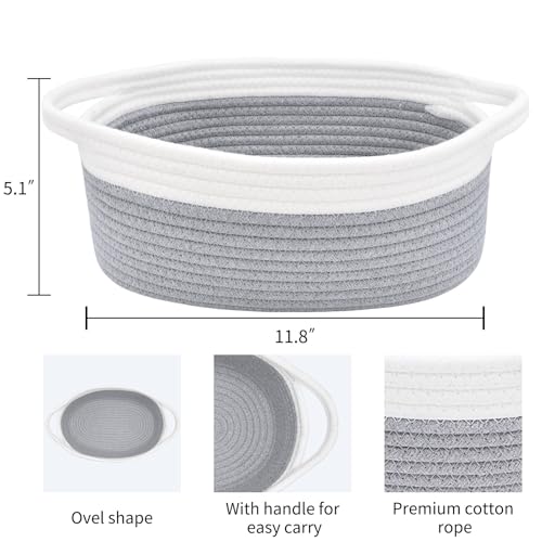 Image of ABenkle Small Basket with Handles, Boho Decorative Rope Woven Dog Cat Toy Storage Bin Shelf Storage Organizer, Easter Christmas Gift Basket, 12 inchx8 inchx5 inch, Grey