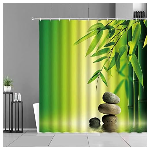 Gröna bambuväxter blad duschdraperier zen sten blomma landskap badrumsdekor gardiner polyestertyg vattentät med krok 35 x 72 in-89 x 183 cm/B x L