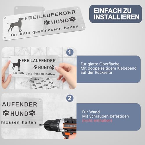 Upifen Vorsicht Freilaufender Hund, 2Stk. Achtung Hund Schild, Warnschild Hund Aluminium mit Selbstklebend und Vorgebohrten Löchern, 25x 9cm, Innen/Außen