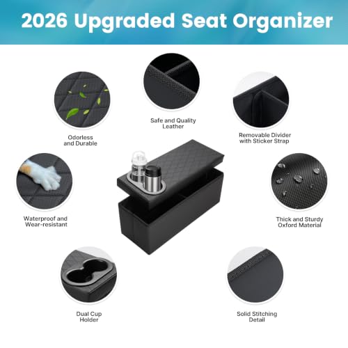 Image of Mixsuper Liner Car Seat Organizer for Kia Telluride 2020-2026 Center Console Organizer with Cup Holders for Telluride, Kids Toys Baby Supplies Dog Toy Box Storage Bin Travel Accessories