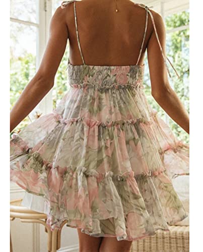 Image of Mansy Womens 2026 Summer Floral Mini Dress Boho Flowy Skater Dresses Short Sleeveless Ruffle Spaghetti Strap Dress