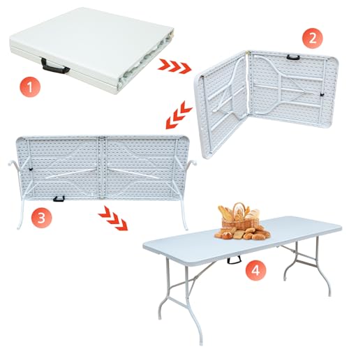 MIIUDGIG Portable 6Ft Plastic Folding Table, Heavy Duty 6ft Fold-in-Half Table with Carrying Handle, 6\' Folding Utility Foldable Table for Picnic Party Camping Kitchen, Indoor/Outdoor (White)