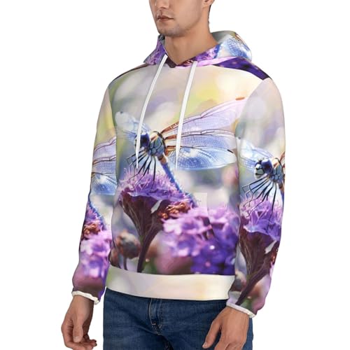 nanger Dragonflies And Flowers Print Men'S Casual Hooded Sweatshirt, Thin Fleece Long Sleeve Hoodie Pullover With Pocket3