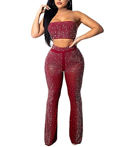 OLUOLIN Women Sexy Rhinestone See Through Mesh Long Sleeve One Piece Jumpsuit Clubwear Red