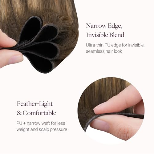 Image of GOO GOO Genius Narrow Edge PU Weft Hair Extensions Human Hair, Invisible Sew in Hair Extensions Human Hair, 4 /27 /4 Balayage Chocolate Brown to Caramel Blonde 20 Inch 120g, Seamless Soft Lightweight