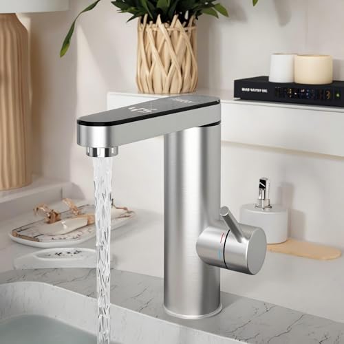 Stainless Steel Instant Hot Water Heater Tap, Electric Hot Water Tap with Digital Temperature Display, 120 Degree Swivel Spout, 220V 3400W Electric Taps for Bathroom, Kitchen Sink (Silver)