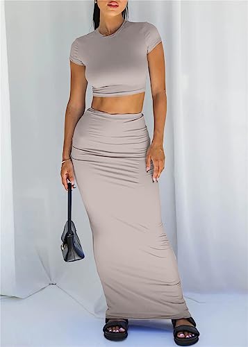 Image of Two Piece Skirt Set for Women 2 PC Y2K Outfits Short Sleeve Crop Tops Bodycon High Waist Long Maxi Skirts