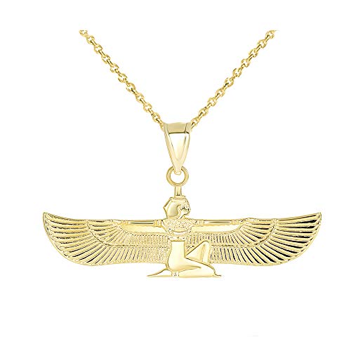 14K Yellow Gold Winged Egyptian Goddess Isis Pendant Necklace, 16'