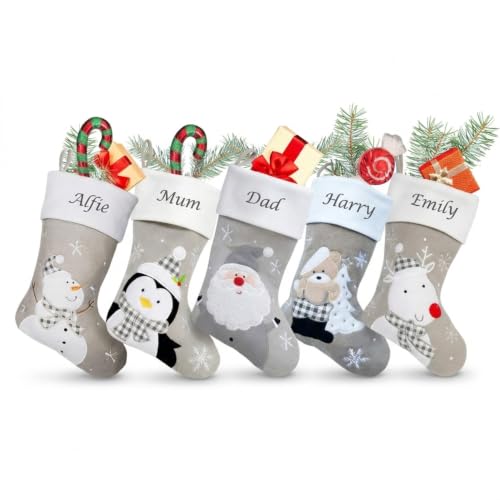 Image of Hoolaroo Personalised Christmas Stockings Custom Silver Grey Embroidered Xmas Stocking With Name - Kids Family Decorations Reindeer