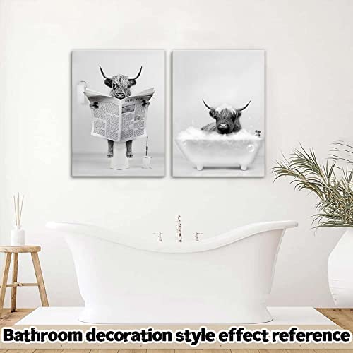 2 Pieces Set Framed Funny Highland Cow Wall Art Black And White Canvas Cow In Bathroom Wall Deco Poster Pictures,Humor Animals Artwork Prints Rustic Farmhouse Decorations For Living Room Bathroom Bedroom #TOP6