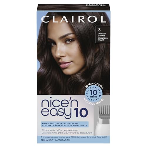 Clairol Nice'N Easy 10 Permanent Hair Dye, 3 Darkest Brown Hair Color | 100% Gray Coverage | Natural-Looking Full Coverage Color in 10 Minutes | High Speed & Glossy Finish | Pack of 1