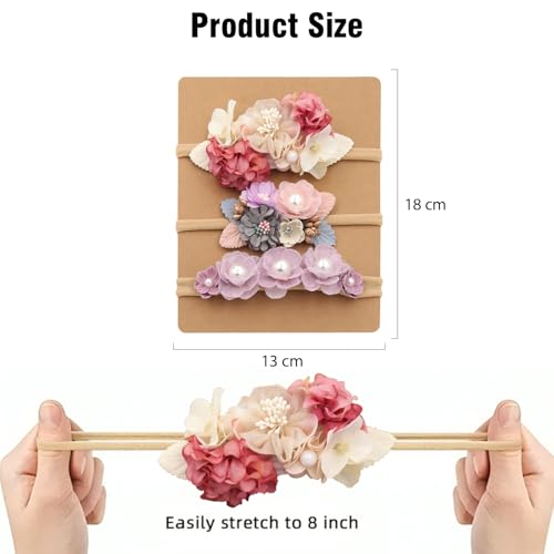 Image of SYGA 3 Pcs Baby Headband, Flower Stretchable, Nylon HairBand for Newborn Infant Toddlers Kids 0-3 Year-Design-1