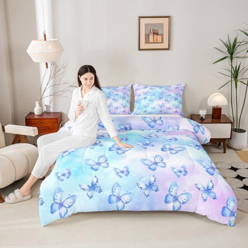 Image of Erosebridal Pink Blue Butterfly Bedding Twin,Watercolor 3D Printed Comforter Set Purple Colorful Rainbow Bed Sets Fantasy Dreamy Princess Duvet Insert 2 Pieces