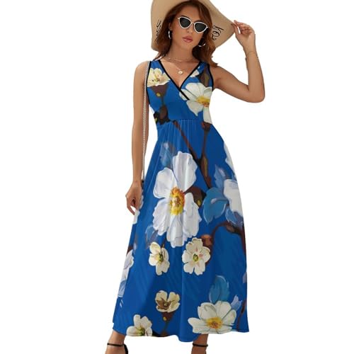 Robe longue d'été sans manches Fleur Blanche | Robe maxi col V décontracté de plage - 6