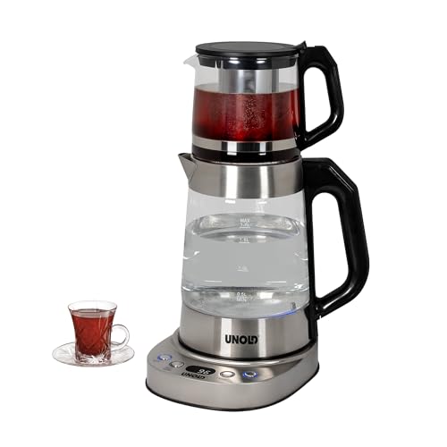 Unold Samowar Selin 18215 Samowar 2-in-1 Teekocher & Wasserkocher 1 7L + 1 0L Teekanne Borosilikatglas mit Edelstahlsieb 92100C Warmhaltefunktion Überhitzungsschutz Kalkfilter Edelstahl 1800W