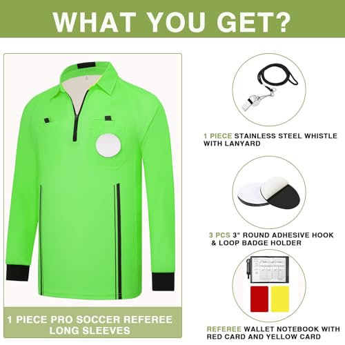 Soccer Referee Shirt Jersey kit Long Sleeve Pro Ref Costume Umpire Uniform with 3 Pcs Replace 3\" Round Adhesive Hook & Loop Badge Holder, Referee Wallet with Red Card and Yellow Card Green L