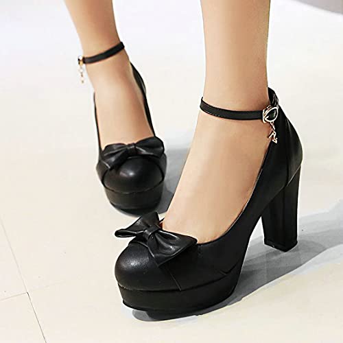 BEAUPAS Women's Buckle Ankle Strap Chunky Heels Platform High Heel Pump Bow Cute Shoes4