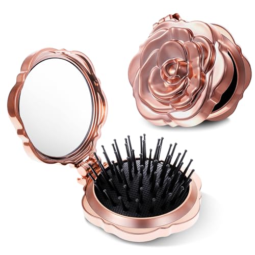 2 Pcs Travel Folding Hair Brush for Women, Rose Gold Small Hair Brush for Purse, Compact Mini Hairbrush with Mirror, Portable Pocket HairBrush for Women Girls Wet and Dry Hair