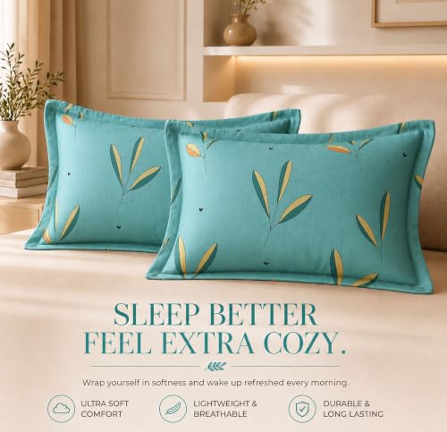 Image of HOMEKART Glace Cotton 160 TC Leaf Printed Double Bedsheet with 2 King Size Pillow Covers | Soft & Durable | 86 x 88Inches (Green)