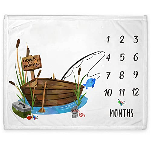 Popfavors Fishing Baby Monthly Milestone Blanket, Gone Fishing Baby Boy Growth Chart Milestone Photo Blanket, Fishing Boat Newborn, Includes Marker (50X40) #TOP1