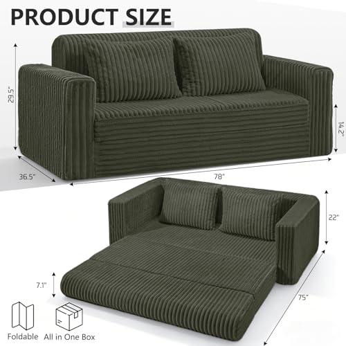 Image of HABUTWAY 78 inch Loveseat Boneless Couch, 4-in-1 Convertible Sofa Bed, Plush Fur Folding Futon Sofa Bed Couches with 2 Pillows for Living Room, High-Density Foam Support, No Assembly Required, Green