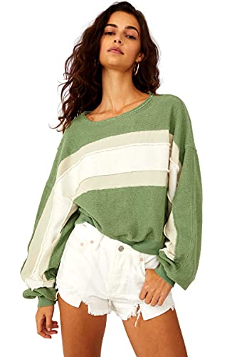 Free People Women's Palo Alto Pullover Sweater, Cool Moss Combo, Large #TOP28