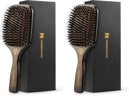Norsewood Boar Bristle Hair Brush Set, Soft Bristle Detangler for Long, Short, Thin, Curly, Straight, or Wavy, Hairbrush for Enhancing Shine, Great for Men, Women, and Kids (Pack of 2)