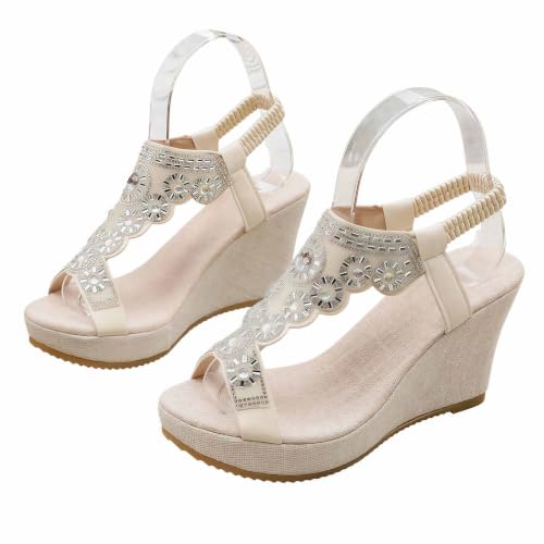 Sandales compensées bohèmes strass femme à bout ouvert pour l'été