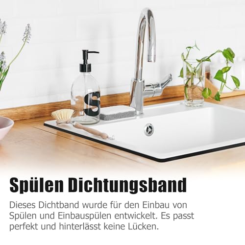 Ancable Dichtungsband für Spülbecken und Einbauspülen, 1 Stück 9mm x 3mm x 3.3m Wasserfestes Montageband mit kleinem Schaber, Selbstklebend Abdichtband für Spülen