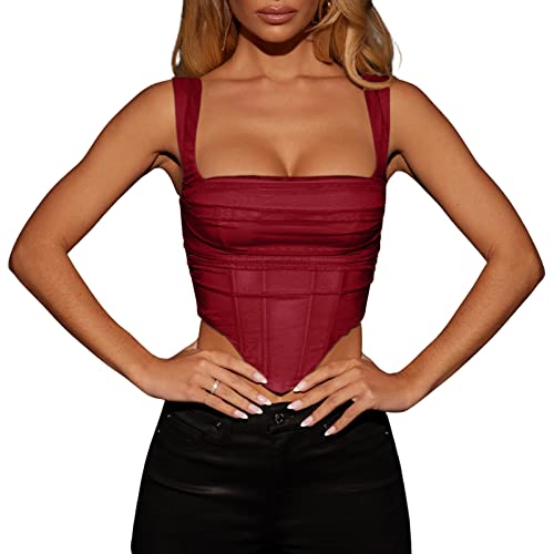 Women Lace Patchwork Bustier Corset Y2K Push Up Crop Top Spaghetti Strap Off Shoulder Bodice Tank Retro Streetwear Cami Top Red #TOP2