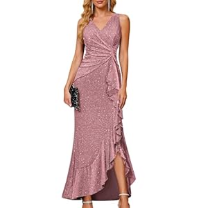 BeryLove Vestido formal de lentejuelas para invitada de boda, graduación, cóctel, fiesta, vestido largo con volantes, vestido de noche brillante para madre de la novia