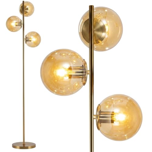 Image of BOKT Modern Brushed Brass Floor Lamp Corner 3-Light Standing Lamp with Amber Glass Globe Shade Adjustable Height Office Tall Standing Light Vintage for Living Room Bedroom Home Decor